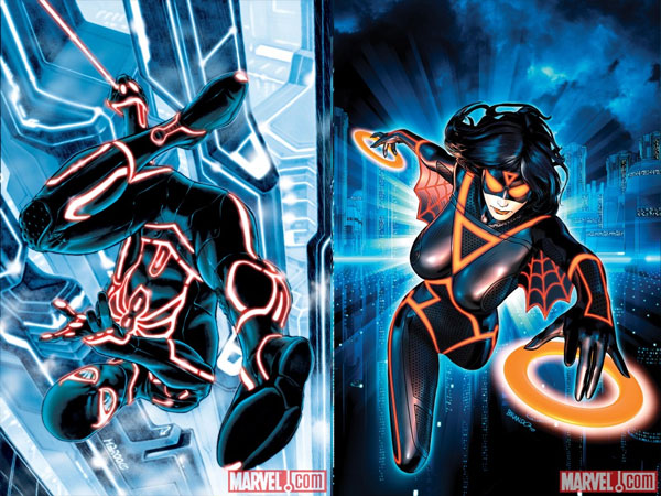 Spider-Man e Spider-Woman in the world of Tron