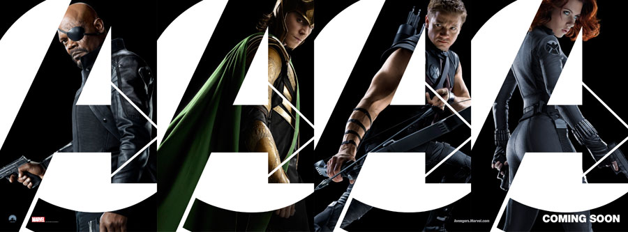 The Avengers: character banner con Hawkeye, Black Widow, Loki, Nick Fury