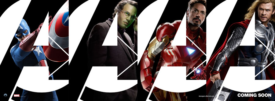 The Avengers: character banner con Iron Man, Thor, Captain America e Bruce Banner