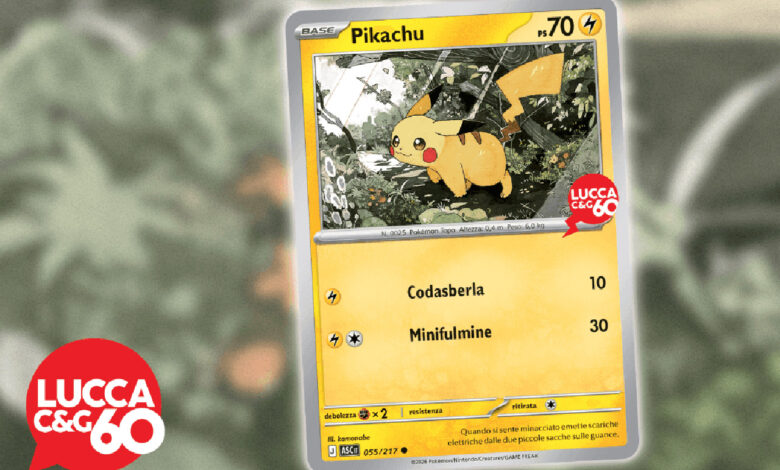 Carta promozionale Pikachu Lucca60 distribuita gratuitamente a Lucca Comics & Games 2026