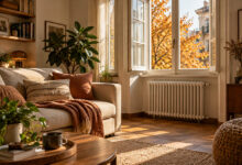 Soggiorno accogliente in autunno con termosifone, divano e luce naturale, idee per risparmiare sul riscaldamento.