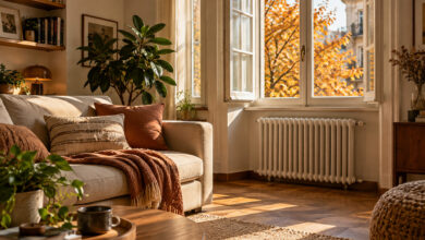 Soggiorno accogliente in autunno con termosifone, divano e luce naturale, idee per risparmiare sul riscaldamento.