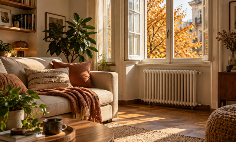 Soggiorno accogliente in autunno con termosifone, divano e luce naturale, idee per risparmiare sul riscaldamento.