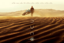 Immagine ufficiale di Dune – Parte Tre con le dune del deserto di Arrakis, una figura in lontananza e il logo del film.