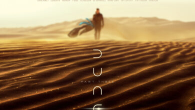 Immagine ufficiale di Dune – Parte Tre con le dune del deserto di Arrakis, una figura in lontananza e il logo del film.