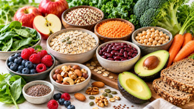 Alimenti ricchi di fibre come legumi, avena, frutta, verdure, avocado e frutta secca