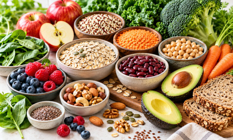 Alimenti ricchi di fibre come legumi, avena, frutta, verdure, avocado e frutta secca