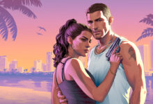 GTA 6, Jason e Lucia insieme sulla spiaggia di Vice City al tramonto, nell'artwork ufficiale di Grand Theft Auto VI.