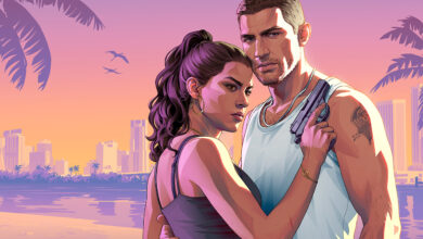 GTA 6, Jason e Lucia insieme sulla spiaggia di Vice City al tramonto, nell'artwork ufficiale di Grand Theft Auto VI.