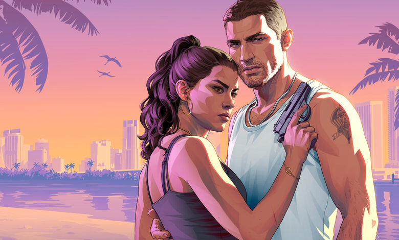 GTA 6, Jason e Lucia insieme sulla spiaggia di Vice City al tramonto, nell'artwork ufficiale di Grand Theft Auto VI.
