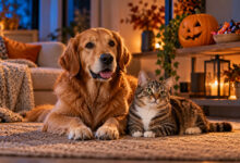 Cane Golden Retriever e gatto accanto alle decorazioni di Halloween: i rischi da evitare per gli animali domestici
