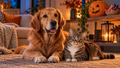 Cane Golden Retriever e gatto accanto alle decorazioni di Halloween: i rischi da evitare per gli animali domestici