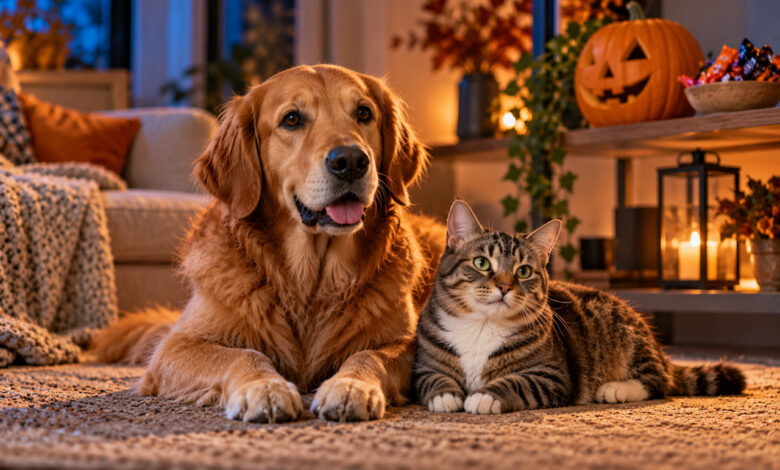 Cane Golden Retriever e gatto accanto alle decorazioni di Halloween: i rischi da evitare per gli animali domestici