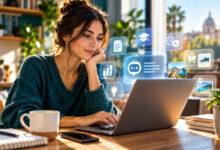Donna utilizza l'intelligenza artificiale sul computer per studiare, cercare informazioni e organizzare attività quotidiane