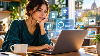 Donna utilizza l'intelligenza artificiale sul computer per studiare, cercare informazioni e organizzare attività quotidiane