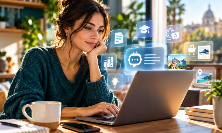 Donna utilizza l'intelligenza artificiale sul computer per studiare, cercare informazioni e organizzare attività quotidiane