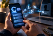 Smartphone con assistente AI che condivide dati personali e informazioni sulla posizione con un soggetto esterno.
