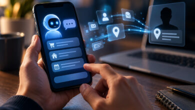 Smartphone con assistente AI che condivide dati personali e informazioni sulla posizione con un soggetto esterno.