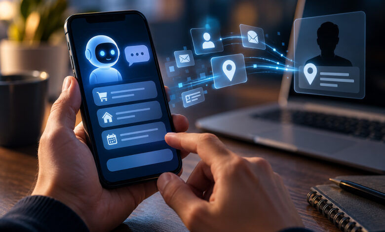 Smartphone con assistente AI che condivide dati personali e informazioni sulla posizione con un soggetto esterno.