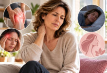 Donna in menopausa con dolore cervicale, mal di testa, disturbi articolari e problemi del sonno