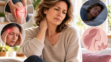 Donna in menopausa con dolore cervicale, mal di testa, disturbi articolari e problemi del sonno