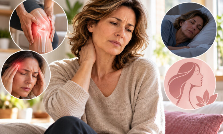 Donna in menopausa con dolore cervicale, mal di testa, disturbi articolari e problemi del sonno