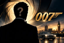 Silhouette misteriosa del possibile nuovo James Bond, con il logo 007, un punto interrogativo e Londra sullo sfondo.
