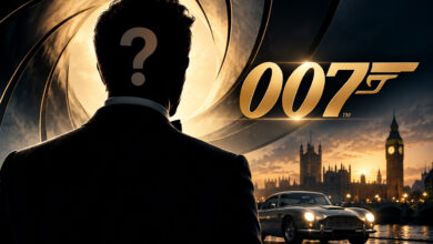 Silhouette misteriosa del possibile nuovo James Bond, con il logo 007, un punto interrogativo e Londra sullo sfondo.