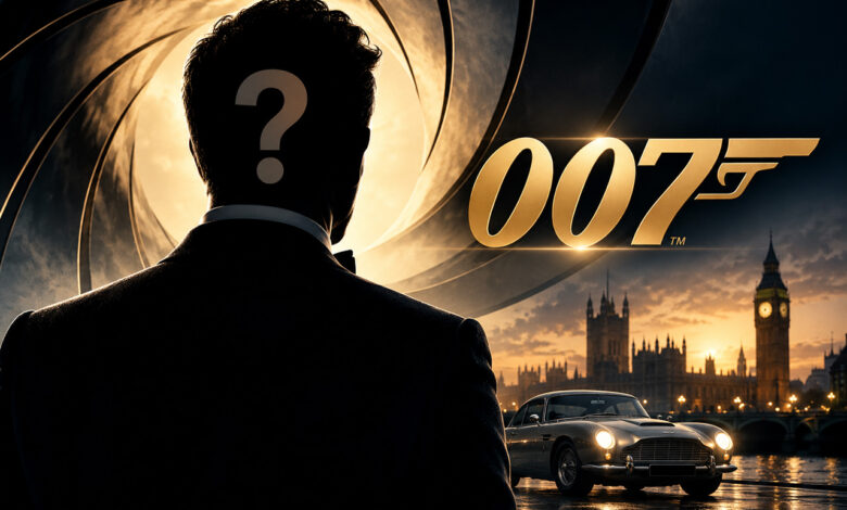 Silhouette misteriosa del possibile nuovo James Bond, con il logo 007, un punto interrogativo e Londra sullo sfondo.