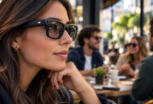 Donna con occhiali smart dotati di fotocamera in un locale pubblico, mentre altre persone conversano sullo sfondo