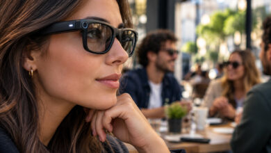 Donna con occhiali smart dotati di fotocamera in un locale pubblico, mentre altre persone conversano sullo sfondo