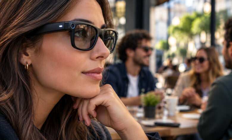 Donna con occhiali smart dotati di fotocamera in un locale pubblico, mentre altre persone conversano sullo sfondo