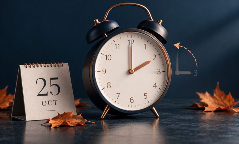 Sveglia analogica che segna le 2:00, calendario del 25 ottobre e freccia che indica il ritorno dell'ora solare 2026.