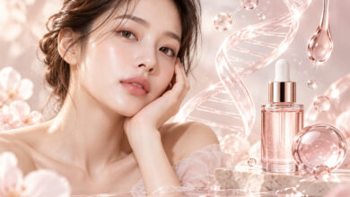 PDRN nella skincare coreana con siero viso e richiami al DNA
