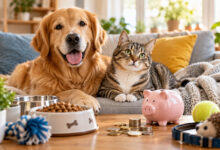 Cane e gatto sul divano con salvadanaio e accessori, costi di mantenimento nel 2026