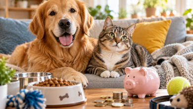 Cane e gatto sul divano con salvadanaio e accessori, costi di mantenimento nel 2026