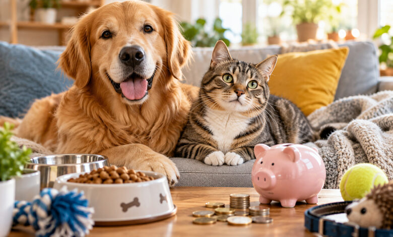 Cane e gatto sul divano con salvadanaio e accessori, costi di mantenimento nel 2026