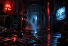 Videogiochi horror per Halloween 2026: un corridoio oscuro con una figura misteriosa, una TV inquietante e un controller in primo piano.