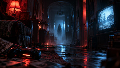 Videogiochi horror per Halloween 2026: un corridoio oscuro con una figura misteriosa, una TV inquietante e un controller in primo piano.