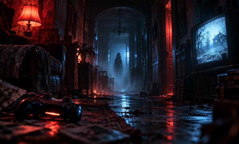 Videogiochi horror per Halloween 2026: un corridoio oscuro con una figura misteriosa, una TV inquietante e un controller in primo piano.