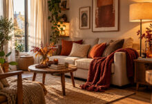 Soggiorno autunnale accogliente con divano beige, cuscini color terracotta, plaid e illuminazione calda.