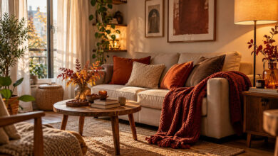 Soggiorno autunnale accogliente con divano beige, cuscini color terracotta, plaid e illuminazione calda.