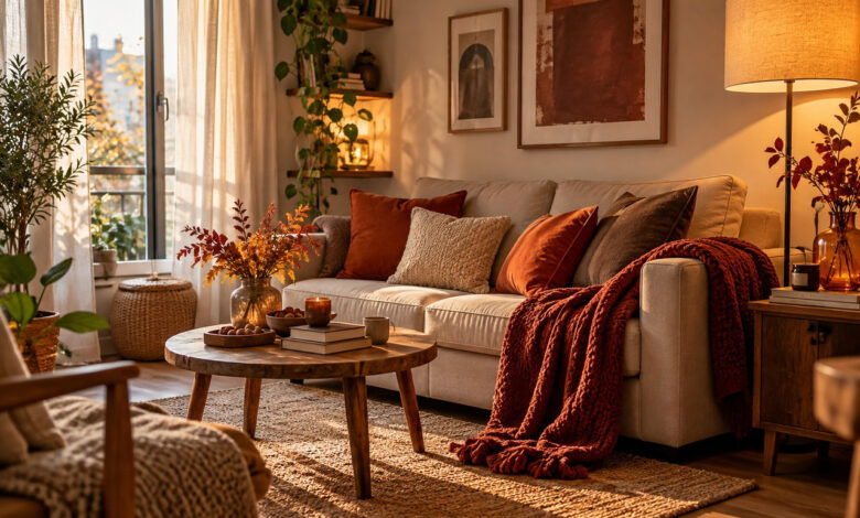 Soggiorno autunnale accogliente con divano beige, cuscini color terracotta, plaid e illuminazione calda.