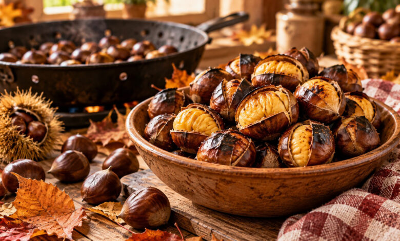 Castagne arrosto appena cotte in una ciotola rustica, con castagne fresche e foglie autunnali