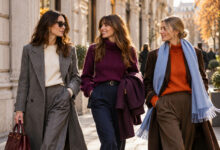 Tre donne con outfit autunno inverno 2026 2027 nei colori grigio ardesia, viola prugna, arancione e azzurro.