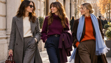 Tre donne con outfit autunno inverno 2026 2027 nei colori grigio ardesia, viola prugna, arancione e azzurro.
