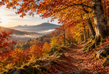 Foliage autunnale in Italia, sentiero nel bosco tra alberi dalle foglie rosse, gialle e arancioni