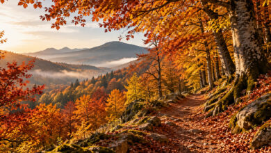 Foliage autunnale in Italia, sentiero nel bosco tra alberi dalle foglie rosse, gialle e arancioni