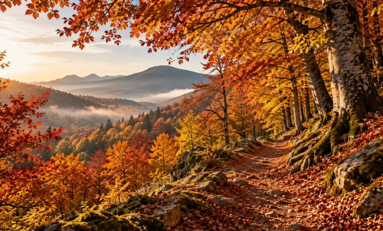 Foliage autunnale in Italia, sentiero nel bosco tra alberi dalle foglie rosse, gialle e arancioni