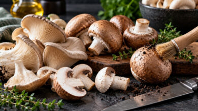 Funghi freschi champignon e pleurotus su un piano da cucina con pennello per la pulizia, coltello ed erbe aromatiche.